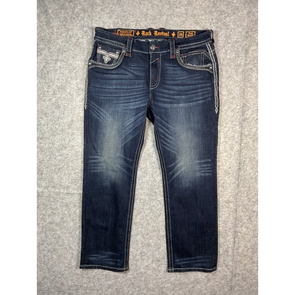 Rock Revival Mens Size 36X30 Straight Leg Dark Wash Denim Jeans Designer